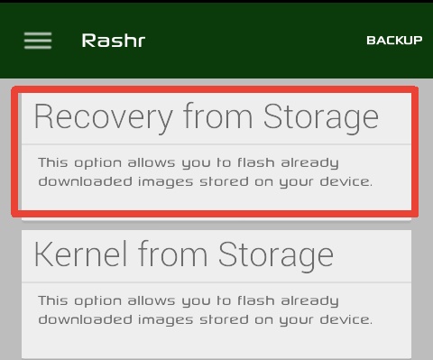 rashr pilih recovery from storage